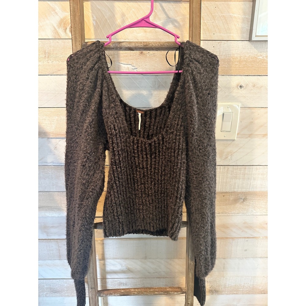 Free People Charcoal Grey Fuzzy Ribbed Puff Sleeve Scoop Neck Sweater Large